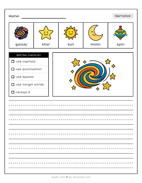 A distant galaxy shaped like a swirling pinwheel — real worksheet preview with word bank and writing lines