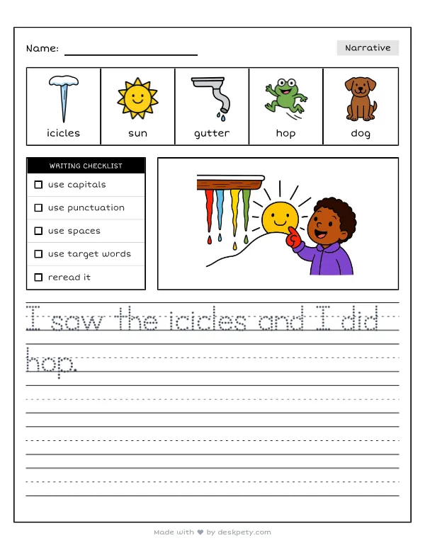 A row of colorful icicles hanging from a dripping gutter at sunrise — real worksheet preview with word bank and writing lines