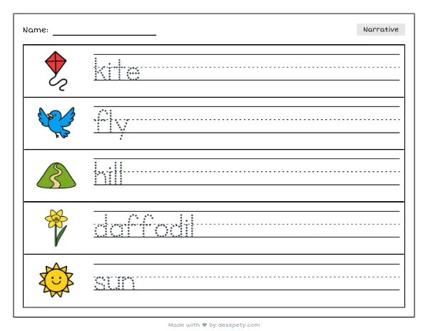 Free printable Kindergarten write and draw worksheet - a kite shaped like a swallow flying over a green hill dotted with daffodils tracing sentence and coloring page (page 1 of 4)