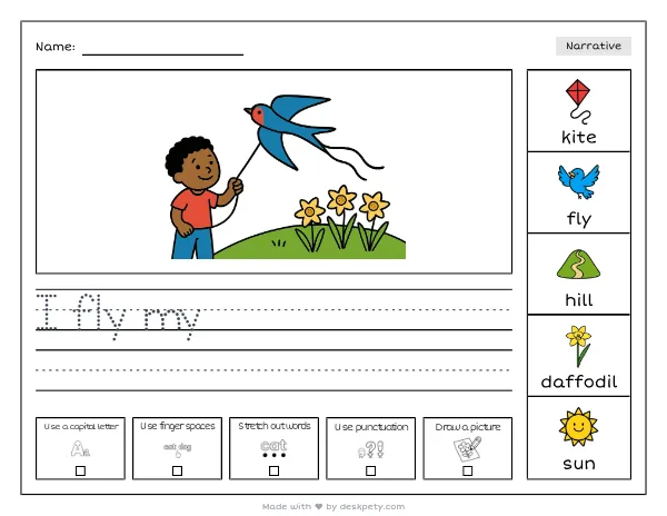 a kite shaped like a swallow flying over a green hill dotted with daffodils — real worksheet preview with word bank and writing lines