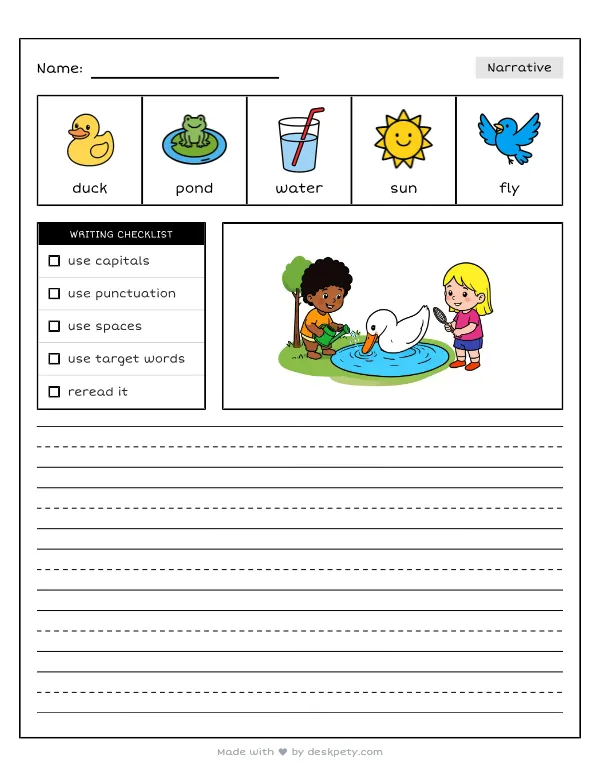 Free printable K-1 narrative writing prompt worksheet - Animals need clean water and air so they can with word bank and handwriting lines