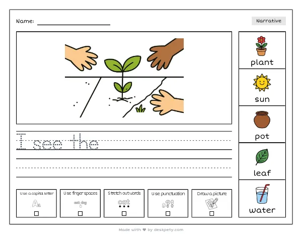 A small plant sprouting in a cracked sidewalk — real worksheet preview with word bank and writing lines