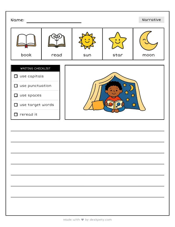 A child reading a book about planets under a starry blanket fort — real worksheet preview with word bank and writing lines