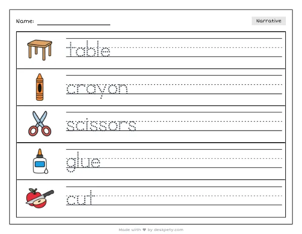 Free printable Kindergarten write and draw worksheet - Scattered crayons and safety scissors on a glue-sticky art table tracing sentence and coloring page (page 1 of 4)
