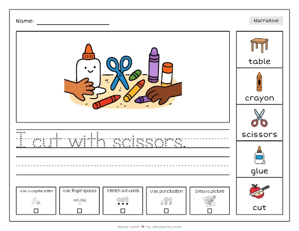 Scattered crayons and safety scissors on a glue-sticky art table — real worksheet preview with word bank and writing lines