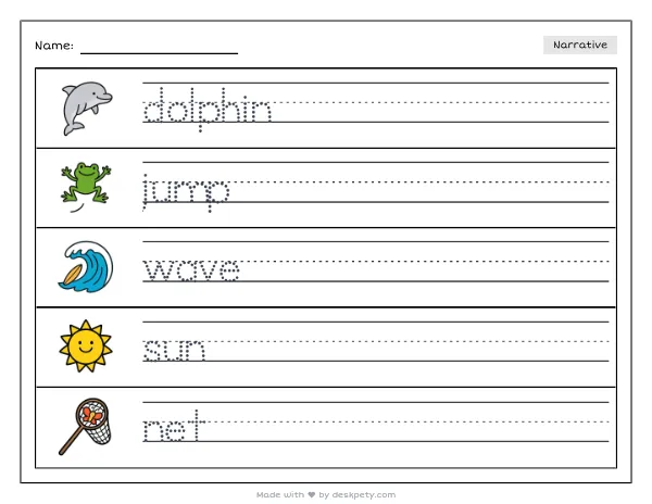 Free printable Kindergarten write and draw worksheet - A playful dolphin jumps high above the tracing sentence and coloring page