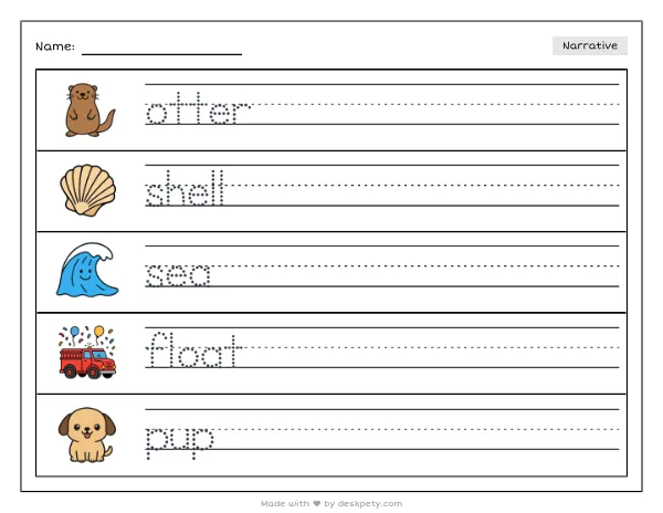 Free printable Kindergarten write and draw worksheet - A sea otter floating on its back holding a shell tracing sentence and coloring page (page 1 of 4)