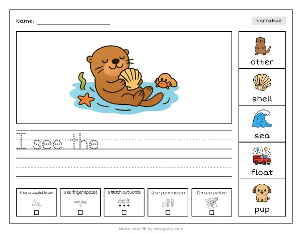 A sea otter floating on its back holding a shell — real worksheet preview with word bank and writing lines