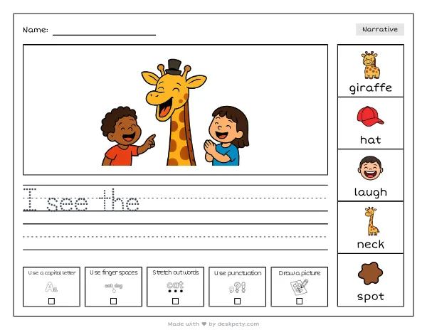 A laughing giraffe wearing a tiny top hat — real worksheet preview with word bank and writing lines