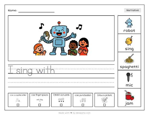 A singing robot with a microphone made of spaghetti — real worksheet preview with word bank and writing lines