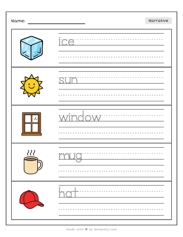Preview of the beautiful, frosty ice crystals forming on a winter windowpane writing worksheet — word bank, tracing lines and checklist (page 1 of 5)