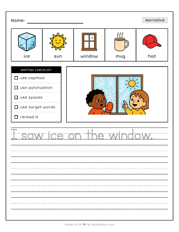Beautiful, frosty ice crystals forming on a winter windowpane — real worksheet preview with word bank and writing lines