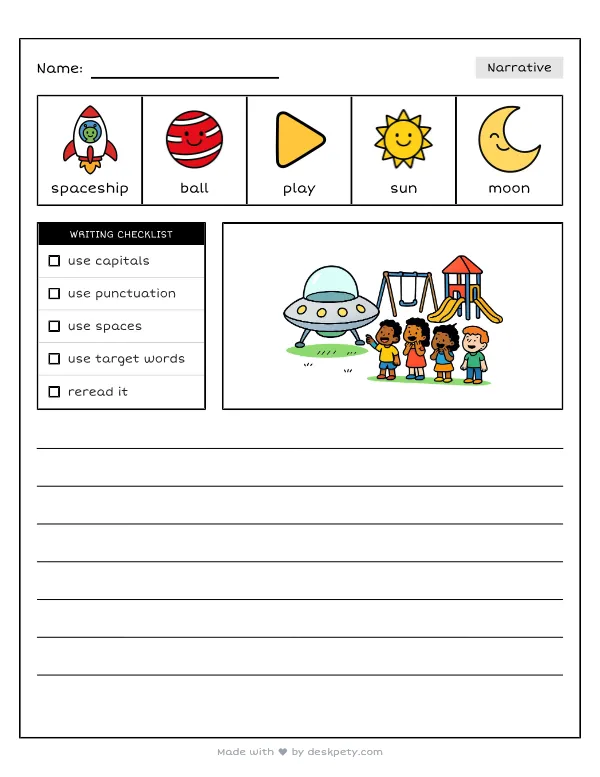 A spaceship landing right next to a school playground — real worksheet preview with word bank and writing lines