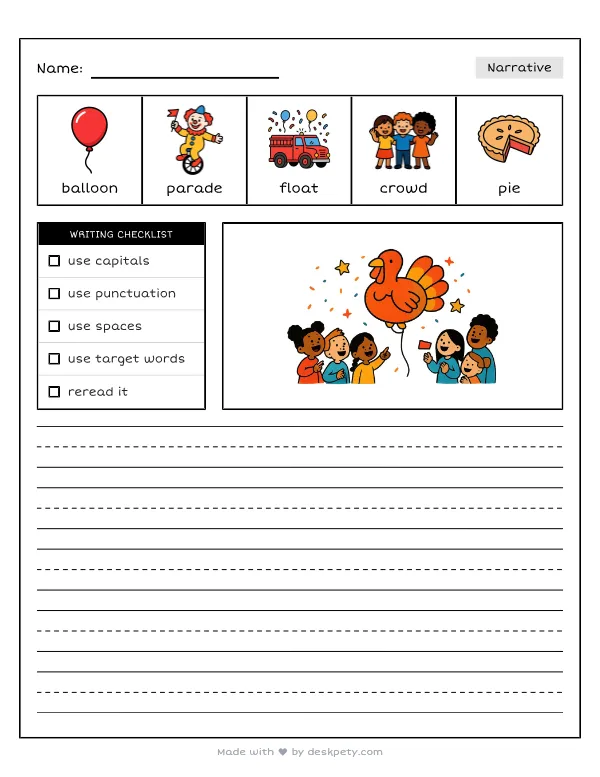 Watching a giant balloon floating in the Thanksgiving parade — real worksheet preview with word bank and writing lines
