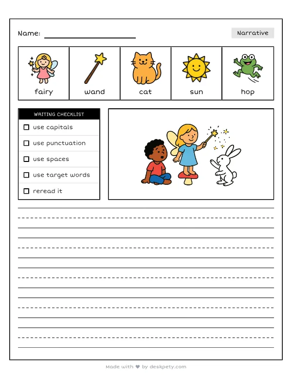Free printable K-1 narrative writing prompt worksheet - Waving a magical shiny wand can turn a with word bank and handwriting lines