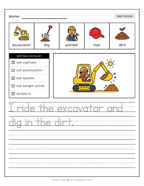 A construction worker driving a giant yellow excavator on a building site — real worksheet preview with word bank and writing lines
