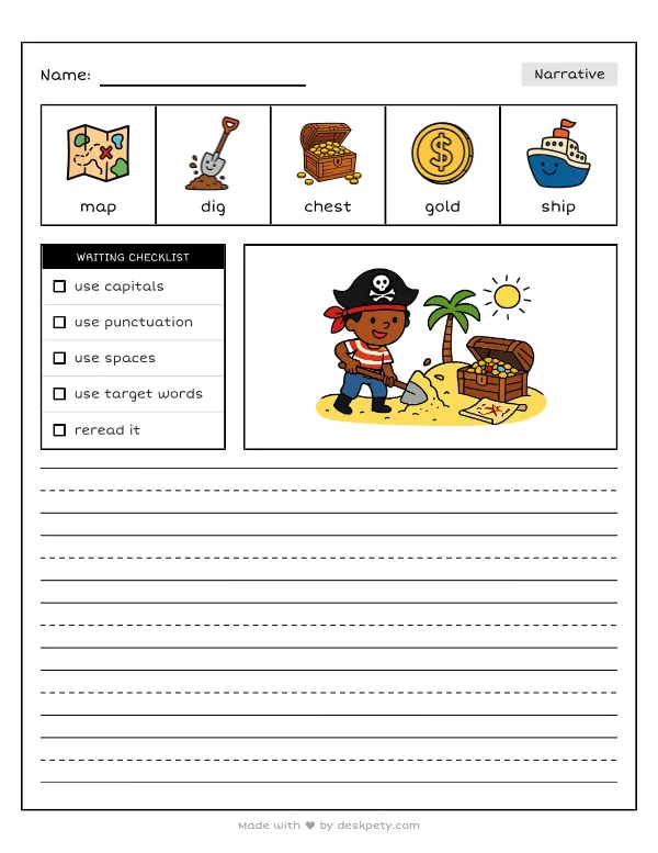 Free printable K-1 narrative writing prompt worksheet - Finding the hidden island treasure was exciting because with word bank and handwriting lines