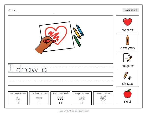 A child drawing a big heart with crayons on paper — real worksheet preview with word bank and writing lines