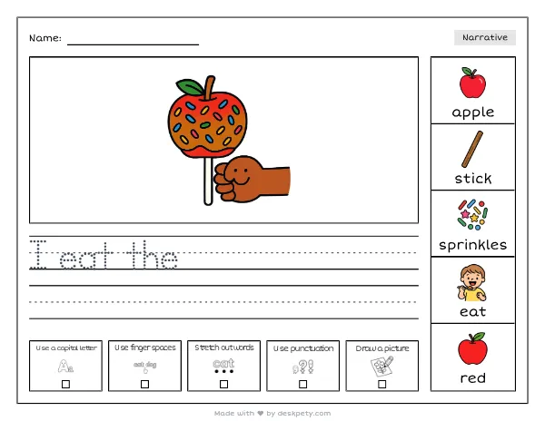 A caramel apple on a stick with sprinkles — real worksheet preview with word bank and writing lines