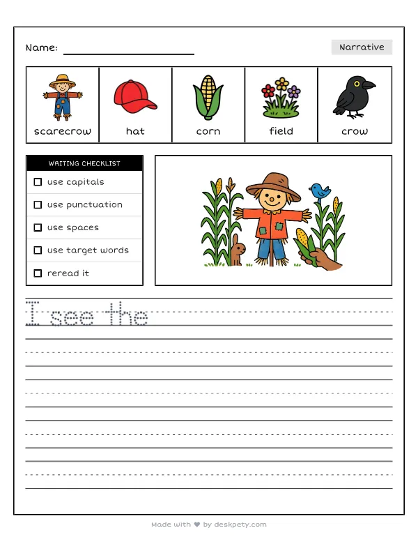 Free printable K-1 narrative writing prompt worksheet - A scarecrow wearing a floppy hat in the cornfield with word bank and handwriting lines