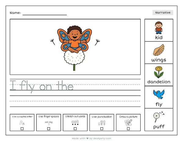A kid with butterfly wings perched on a giant dandelion puff — real worksheet preview with word bank and writing lines