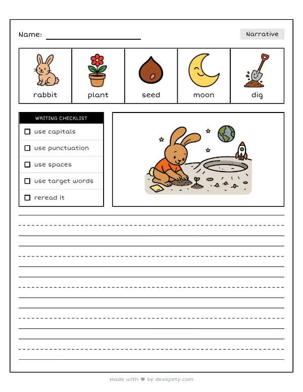 A rabbit planting carrot seeds in a moon crater — real worksheet preview with word bank and writing lines