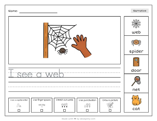 A tangle of sticky spider webs stretched across a doorway — real worksheet preview with word bank and writing lines