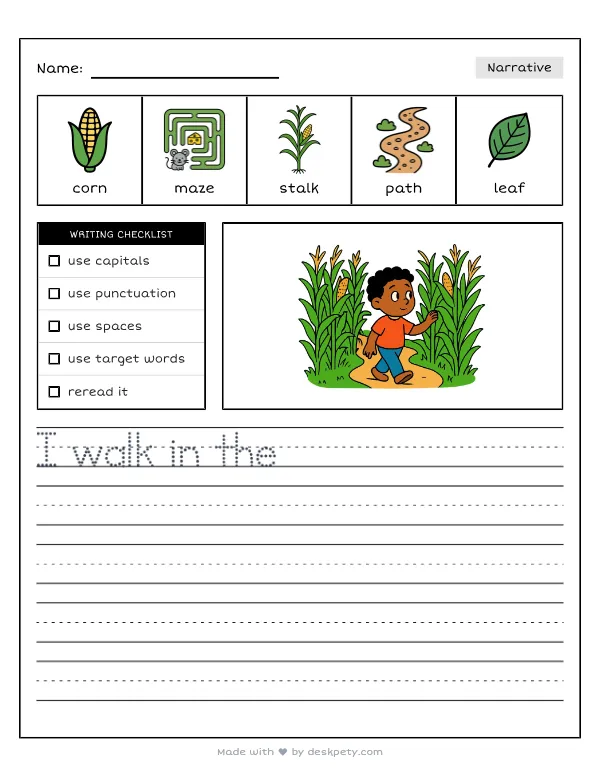 Getting lost in a winding corn maze on the farm — real worksheet preview with word bank and writing lines