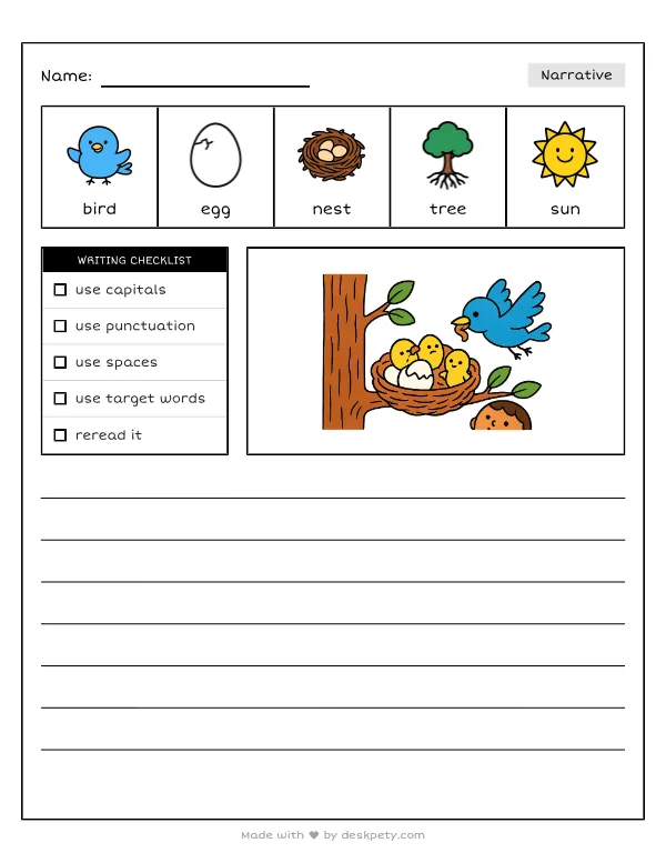 Baby birds hatching in a nest high up in a tree — real worksheet preview with word bank and writing lines