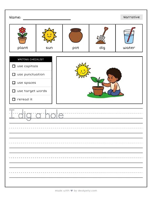 Free printable K-1 narrative writing prompt worksheet - Under the warm sun my little plant can with word bank and handwriting lines