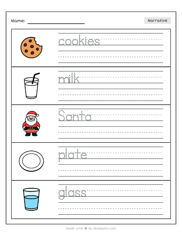 Leaving a plate of cookies and a glass of milk for Santa — real worksheet preview with word bank and writing lines