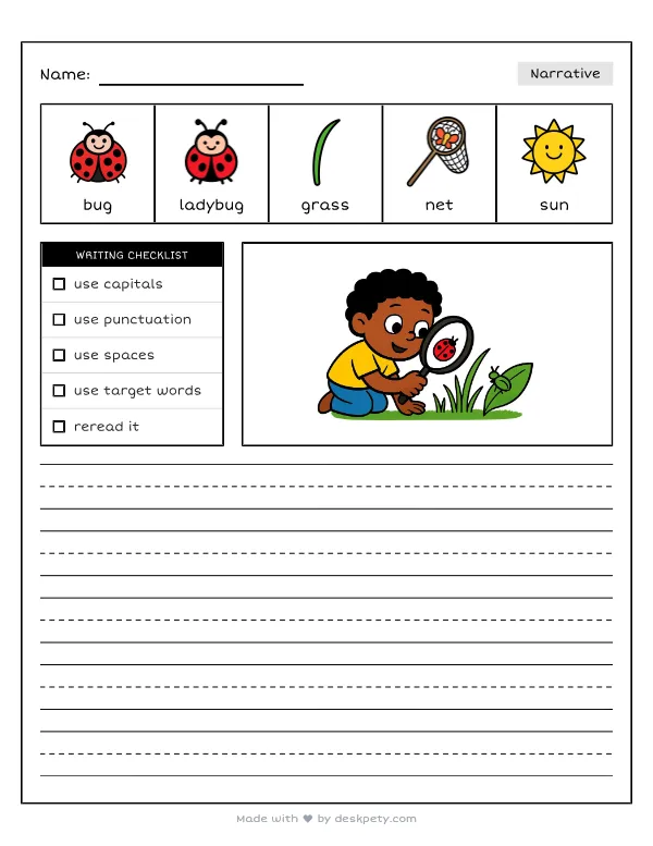 Looking for tiny bugs and ladybugs in the green grass — real worksheet preview with word bank and writing lines