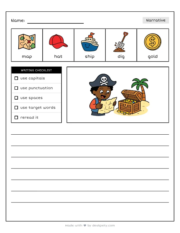 Free printable K-1 narrative writing prompt worksheet - Looking at the wrinkled pirate treasure map I see with word bank and handwriting lines
