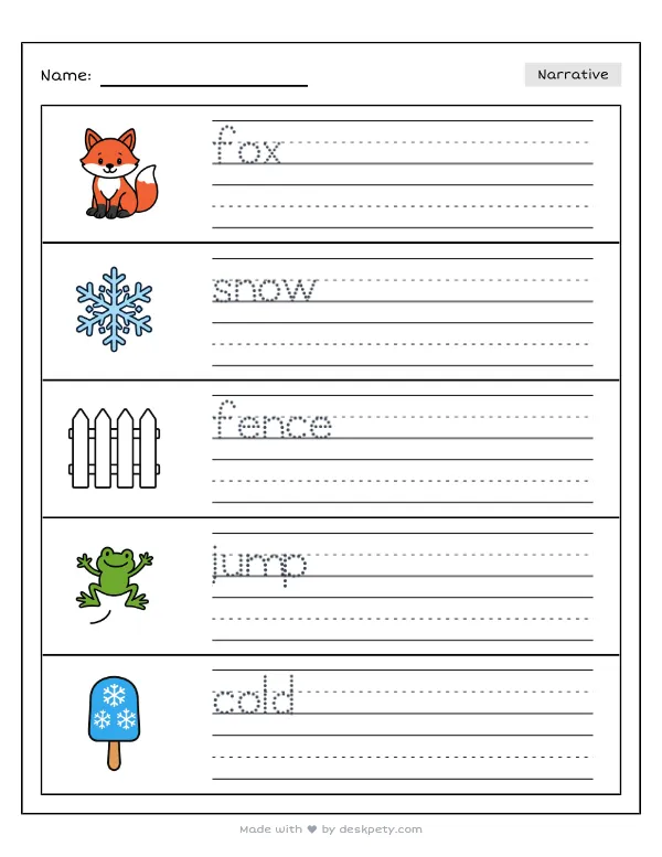A fox pouncing into a fluffy snowdrift by a frozen fence — real worksheet preview with word bank and writing lines