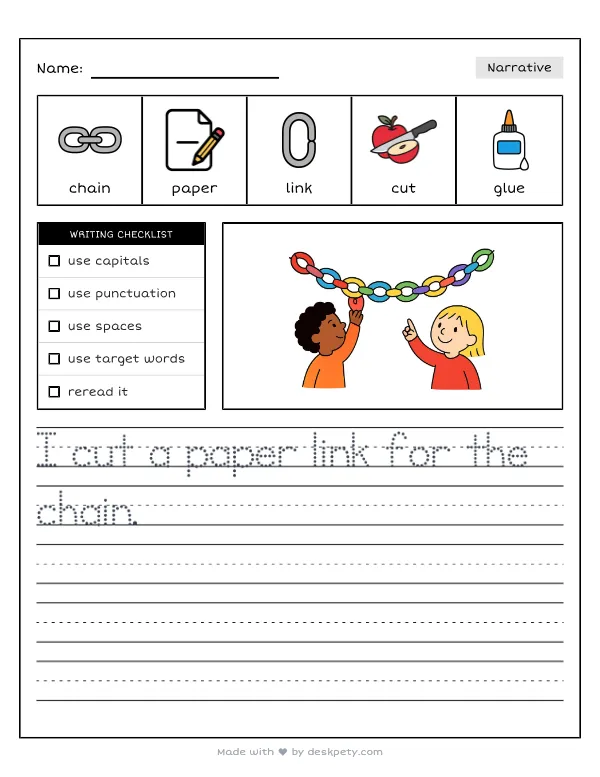 A large paper chain linking every student's hand-cut link across the classroom ceiling — real worksheet preview with word bank and writing lines