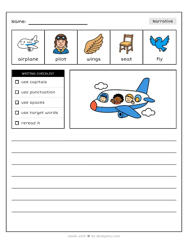 Traveling on a big airplane to visit grandparents for the holiday — real worksheet preview with word bank and writing lines