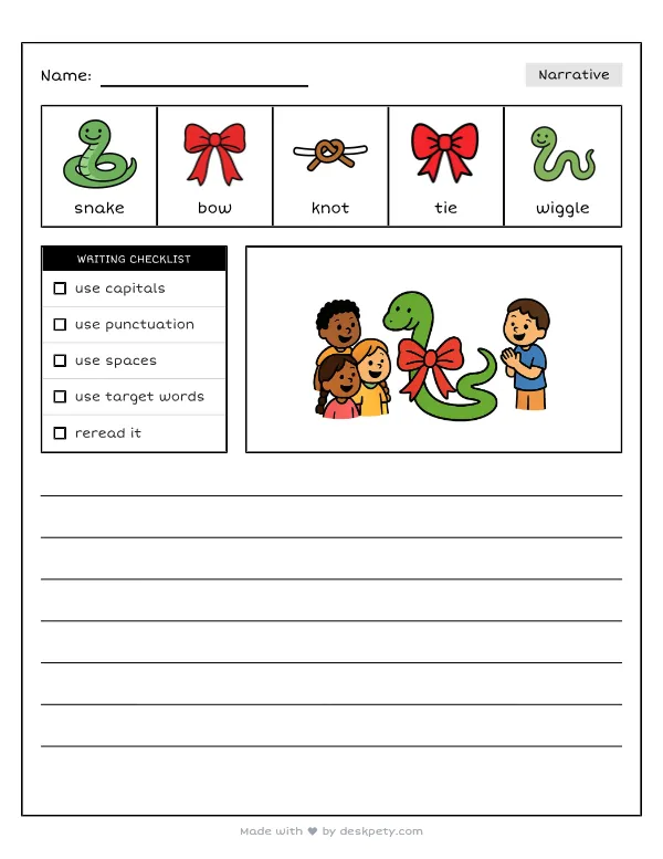 A snake tying itself into a perfect bow — real worksheet preview with word bank and writing lines