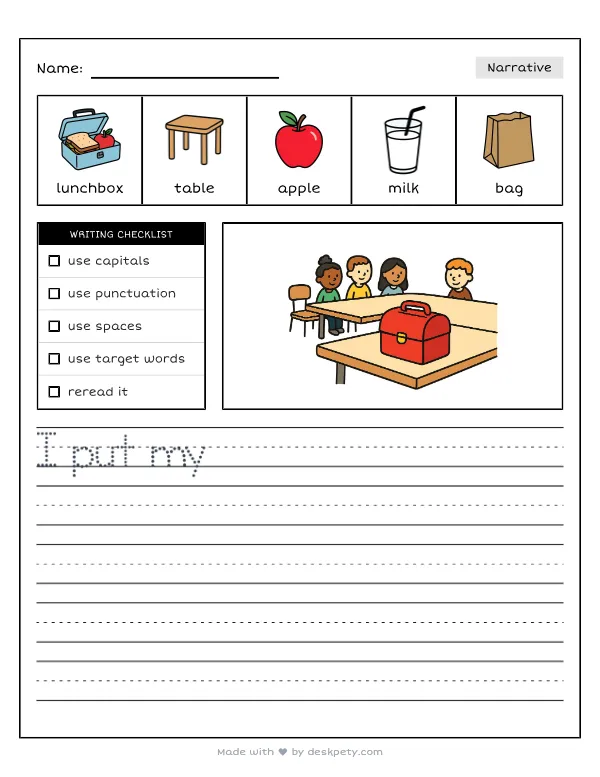 A lone lunchbox sitting unopened on a cafeteria table — real worksheet preview with word bank and writing lines