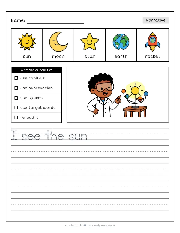A young scientist pointing at a glowing model of the solar system — real worksheet preview with word bank and writing lines