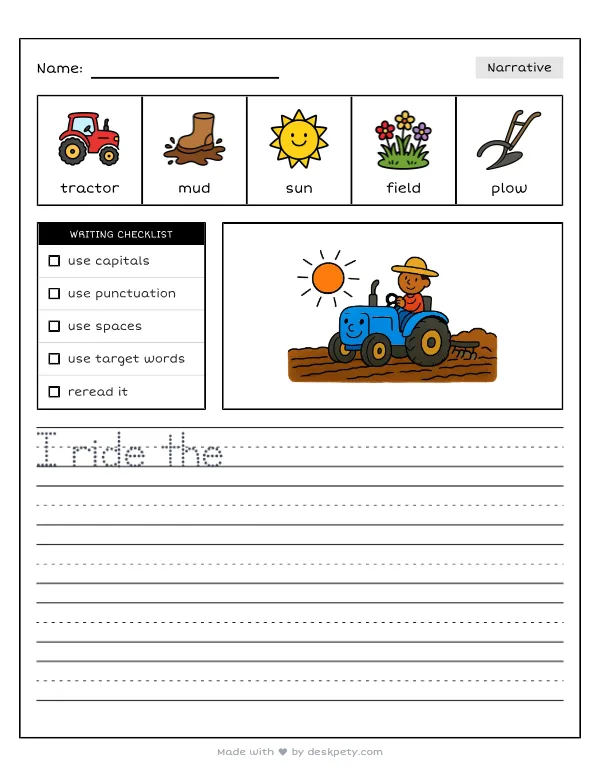 Free printable K-1 narrative writing prompt worksheet - A blue tractor plowing a muddy field at sunset with word bank and handwriting lines