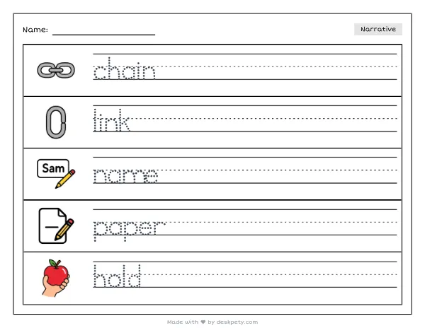 A large paper chain linking students' names in bright colors — real worksheet preview with word bank and writing lines