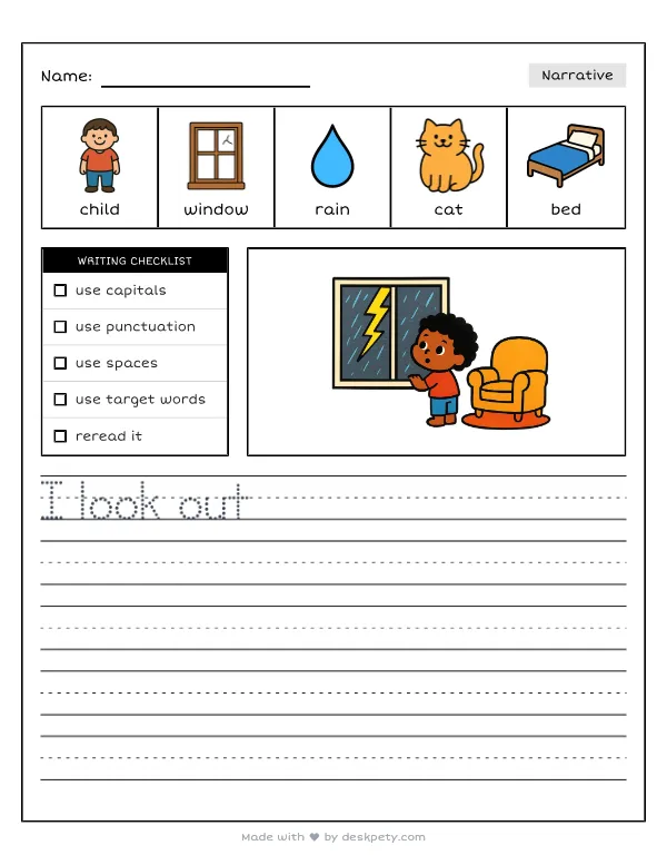 A child pacing by a window during a thunderstorm — real worksheet preview with word bank and writing lines
