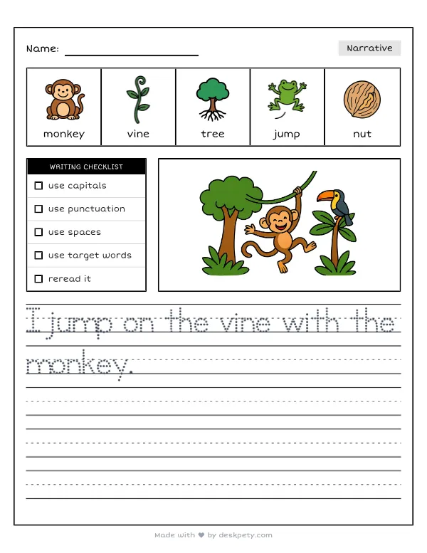 A playful monkey swinging from green vines in the tropical rainforest — real worksheet preview with word bank and writing lines