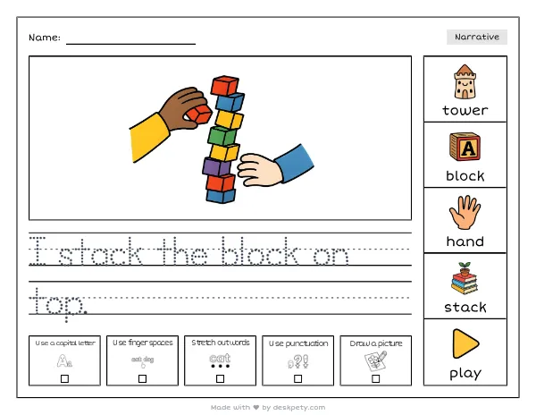A wobbling tower of colorful blocks built by many hands — real worksheet preview with word bank and writing lines