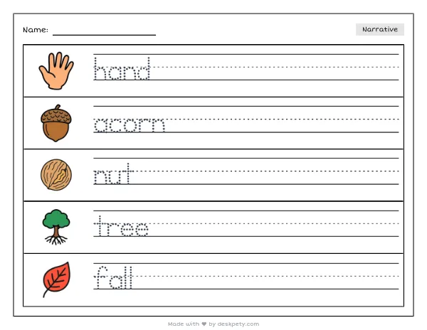 Free printable Kindergarten write and draw worksheet - A child's hand holding a single acorn tracing sentence and coloring page (page 1 of 4)