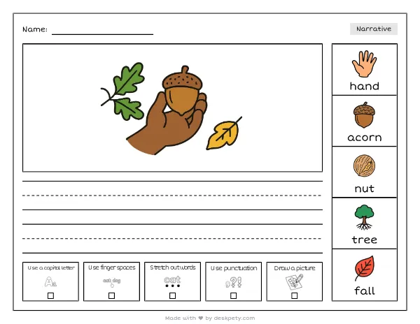 A child's hand holding a single acorn — real worksheet preview with word bank and writing lines