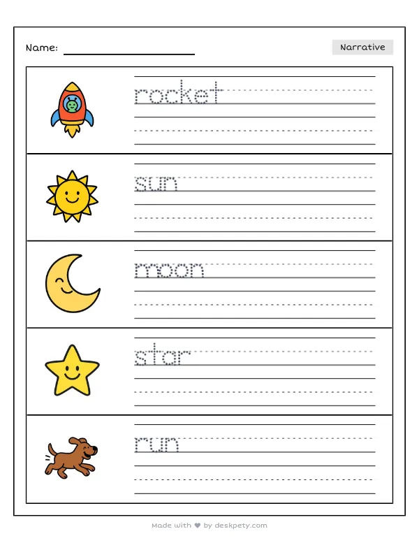 A rocket ship with portholes shaped like happy eyes — real worksheet preview with word bank and writing lines