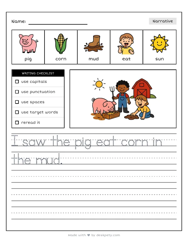 Free printable K-1 narrative writing prompt worksheet - Working hard on a busy farm teaches us to with word bank and handwriting lines