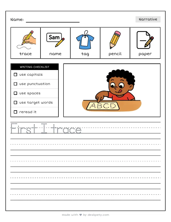 Tracing the dotted letters of a new name tag with a wobbly finger — real worksheet preview with word bank and writing lines