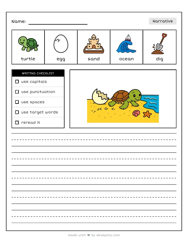 A baby sea turtle hatching from the sand and crawling toward the ocean — real worksheet preview with word bank and writing lines
